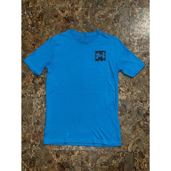 Under Armour Men’s Box Logo Short Sleeve Shirt Blue Size Small Loose Fit - Picture 1 of 8
